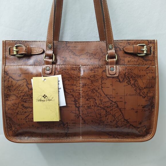 Patricia Nash Olivenza Brown Leather Map Printed Double Handles Satchel Bag -NWT - Picture 1 of 16